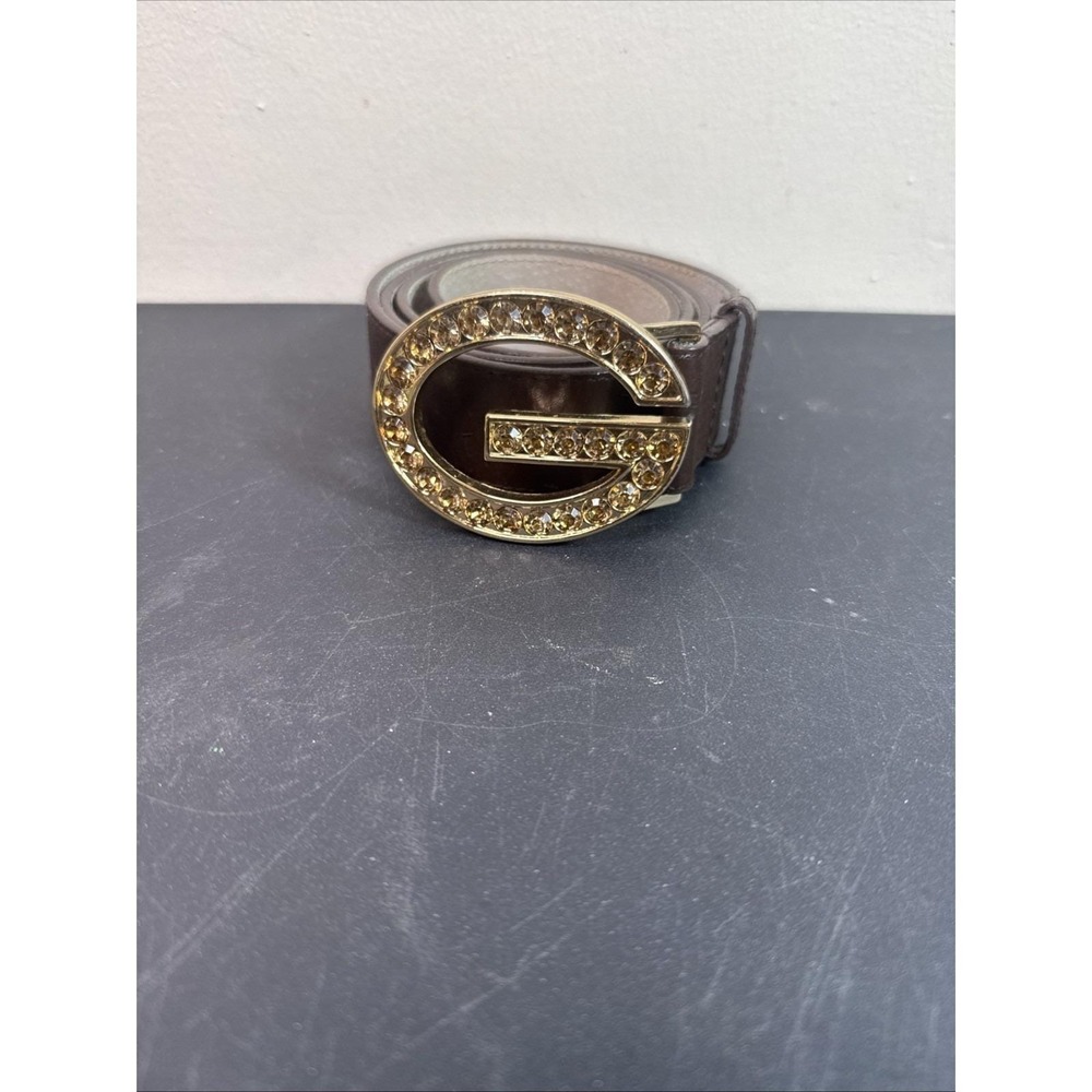 Vintage Y2K GUESS Leather Belt Silver Rhinestone Crystal Buckle 955195‎ XL